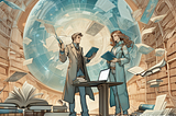 illustration of a man and woman in a futuristic library, holding books and talking