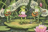 Fictional frog quartet performing upon a lily pad stage.