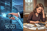Split screen showing a server being unplugged and a woman stressed over medical bills. Image generated with Gemini