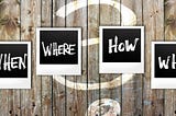 The words who, when, where, how, why, and what in separate vintage film frames on a panelled wooden background.