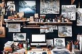 An artist’s office with hand-drawn pictures on the walls, a computer on the desk, cups with pencils on the desk, and various art supplies on a shelf