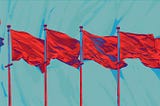 Pop art illustration of four red flags waving in the wind against a blue sky.
