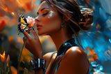 Woman holding a flower while a butterfly rests on it, enjoying the peaceful moment.