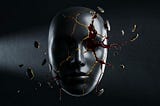 A flawless black mask cracking apart in mid-air, gold light and deep red pressure bleeding through the fractures, representing high-functioning composure breaking under hidden structural strain.