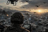IMAGE: A soldier uses a tablet to coordinate multiple drones over a devastated battlefield, with network overlays suggesting the new algorithmic logic of war