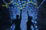 Healthy couple surrounded by fatty molecules