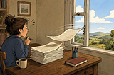 A writer watches as a single page lifts from a neatly stacked manuscript and blows out through a slightly open window, illustrating how a brief window of vulnerability can put valuable work at risk.