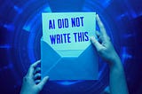 A hand holding an open letter with the writing: AI did not write this. Blue background with some lines and lights that remembers technology.