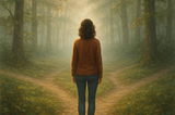 Woman who is self aware and in standing in forest amongst tree’s