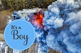 Explosion with blue smoke and graphic that says, “It’s a boy”