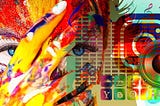 Colorful image of a woman holding her hand in front of her face, with app icons floating nearby