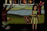 The poster for H2Odio which is a painting of a young girl in a green dress holding a book, with a patch of blood on her shoulder. Behind her is a girl who looks exactly like her in a grave. Next to them is a tree with the film title and underneath is a scattered photo album.