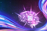 AI technology concept chipset on abstract shinny gradient brain in futuristic style purple pink tone wave line background