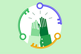 Illustration of hands doing high-five circle of 3 keys around them on green background