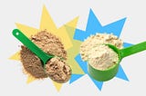 Two scoops of protein. One is chocolate in a flat spoon and the other is vanilla in a scoop.