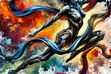 Dynamic, abstract representation of a female figure in motion. Swirling, ribbon-like textures create a sense of fluidity and energy, flowing outward into vibrant colors like fiery orange, red, blue, and yellow. The background features abstract splashes and strokes, amplifying the dramatic effect. The figure’s pose suggests dance or liberation, exuding grace, strength, and expressive movement.