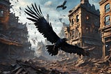 A crow flying through a destroyed town