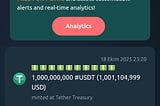 1 billion #USDT (1,001,104,999 dollars) has been minted in the Tether Treasury Wallet.