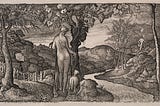 From the description provided on Archive.org: “In the idyllic landscape of The Bride, a nymphlike figure stands upon the bank of a meandering brook. In the distance, a man invoking the god Mercury strides over the hills.”