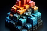 An AI generated image of a pyramid of blocks on a black background. The blocks on top are red and the color gets cooler on the way down…