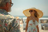 An older man staring at a pretty young woman on the beach