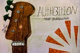 Hand-drawn illustration of a guitar headstock with trees growing from its tuning pegs and a small bicycle symbol near the strings. To the right, the words “AUTHBITION — THE PUBLICATION” are written in a playful, uneven font. Orange sunburst-style shapes radiate from the bottom right corner, adding energy to the design. The artwork combines themes of nature, music, and creativity.