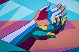 An illustration of two hands touching each other with their palms raised upwards. Photograph from a mural.