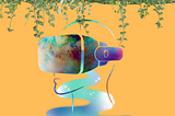 A person looking through VR glasses set on an orange background.