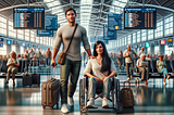 a couple in an airport, the woman sitting in a wheelchair