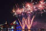 Fireworks explode over the Baltimore harbor.