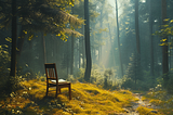 Wooden chair holding a notebook facing a scenic view in a serene clearing