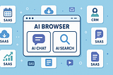 Illustration of browser window with the label “AI Browser” and 2 options: AI Chat and AI Search. SaaS icons in the background.
