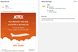 A facebook advert by Jetex , a private jet company targeting Muslims who want to travel during EID Mubarak season
