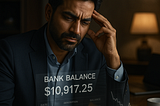 A hyper-realistic digital photograph of a South Asian executive standing by a large window in a high-rise office, staring thoughtfully at the city skyline. The room is sleek and minimal, with faint overlays of financial graphs and a glowing bank balance floating behind him — symbolizing the illusion of monetary wealth contrasted with internal clarity and freedom.