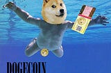 A meme of the Dogecoin dog superimposed on top of a baby floating in a pool. It is a spin off of Nirvana’s “Nevermind” album cover.
