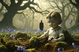 image of cracked porceline doll child in meadow with adult self represented as dissociation in distant background, psychedelics, healing