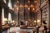 A large and spacious personal library with warm and inviting lighting