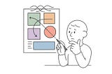 A minimalist digital illustration shows a thoughtful character with a pen, analyzing a clean layout made of soft-colored geometric shapes (green, orange, purple, red, and blue) on a white background. The character draws dashed and curved lines between the shapes, suggesting hierarchy and structure, representing a designer evaluating meaning rather than creating visuals.