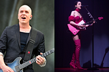 Separate pictures of Devin Townsend and St. Vincent, both playing electric guitars