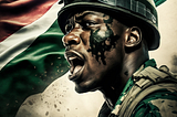 A picture of a Nigerian soldier with Nigerian flag waving at the background. He has blood splash on his cheek and he is making a shout of victory having get across the enemy line.