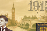 An yellowized image of Westminster bridge and Clock tower with the date 1915 and a very young boy, T.S. Eliot in black and white.