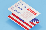 A photo with a card reading “Your Vote Counts” floating above an envelope styled like an American flag.