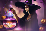 A powerful witch with raven hair and snake-golden eyes named Canva concocts a potent potion called Magic Studio.