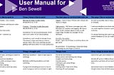 A service manual for Ben Sewell image with key headings and narrative of how I work and what my preferences of working are.