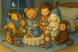 A child and toys having a bedtime tea party