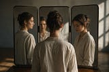 A woman stands facing three mirrors, each reflection showing a slightly different angle and expression in soft natural light.