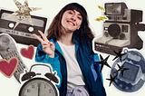 A collage of cassette tapes, alarm clocks, TV remotes, tamagatchi, and a Polaroid camera around a smiling woman in a windbreaker.