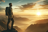 An inspiring image of a man standing on a mountain peak at sunrise. Dressed in rugged hiking attire, he gazes towards the horizon, embodying determination and inner peace. The early morning sky is bathed in soft, golden light, symbolizing new beginnings and the rewards of discipline. This scene conveys stoic philosophy and masculine strength, suitable for a motivational blog cover.