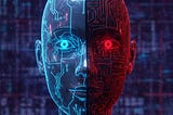 Split android head showing benign blue circuits on one side and potentially manipulative red circuits on the other.