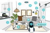 Drawing of living room with several smart devices and robot asking “How can we help you?”